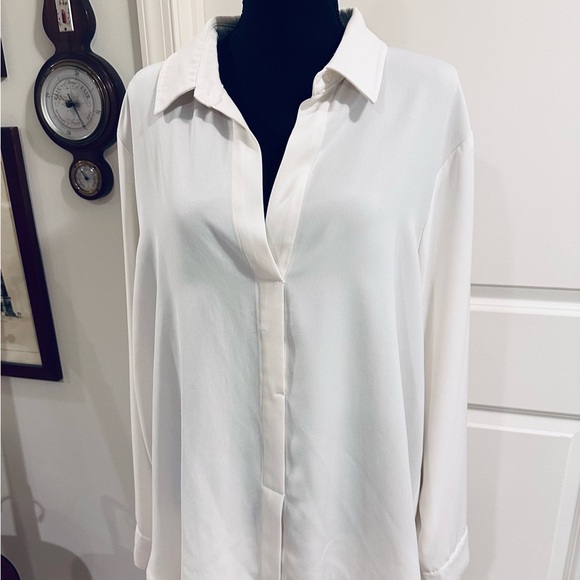 RACHEL Rachel Roy Cream Faux. Button Down Blouse with Open Vented Back - Picture 3 of 7